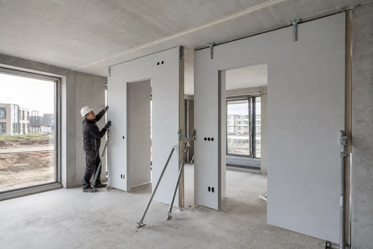 Plaatsing van prefab binnenwanden in een woningbouwproject